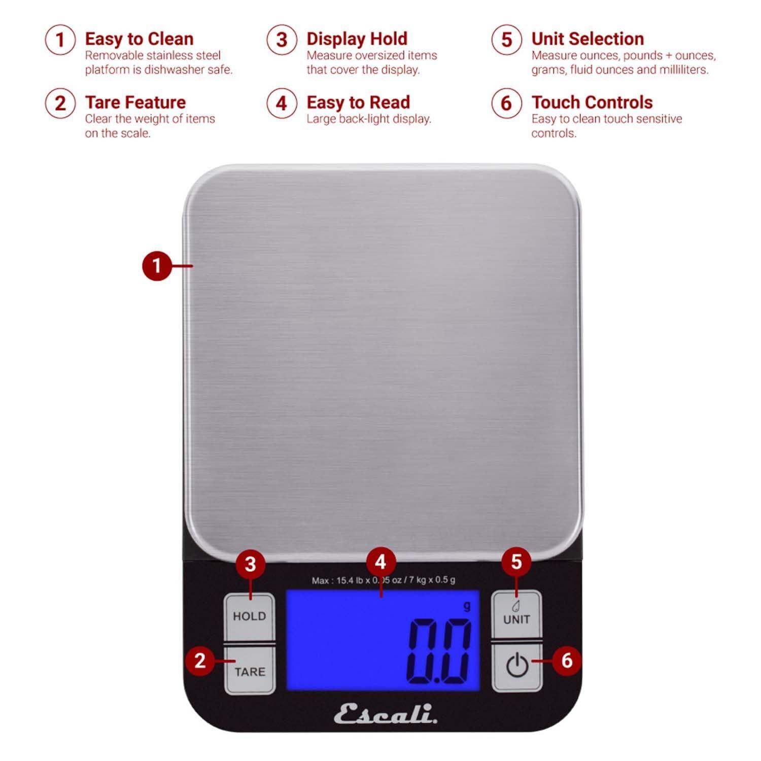 Escali Nutro Digital Food Scale, Multi-Functional Kitchen Appliance, Precise Weight Measuring and Portion Control, Baking and Cooking Made Simple, Stainless Steel Platform, Black, 1 Unit(Black) - view 2