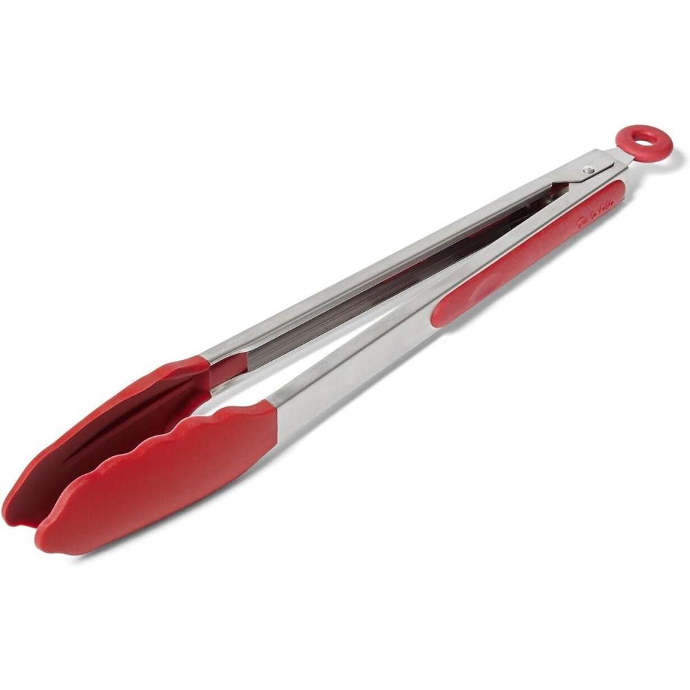 Sur La Table 12″ Silicone-Tipped Tongs – Stainless Steel Kitchen Tongs with Nonstick, Heat-Resistant Tips – Locking Handle for Compact Storage, Black(Dark Red) - view 2