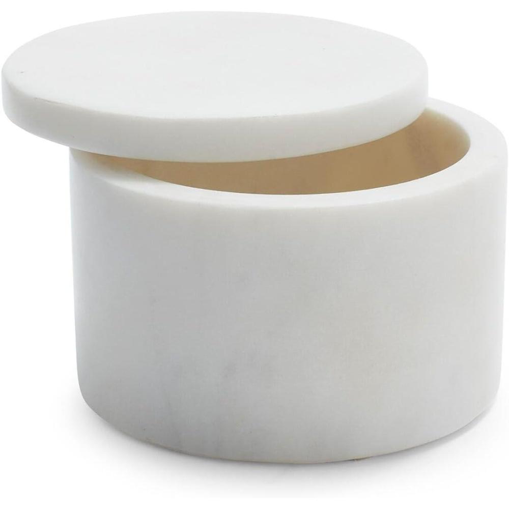 Sur La Table White Marble Salt Cellar – 4″ Round Handmade Kitchen Countertop Spice Storage Jar with Lid, Elegant Marble Décor