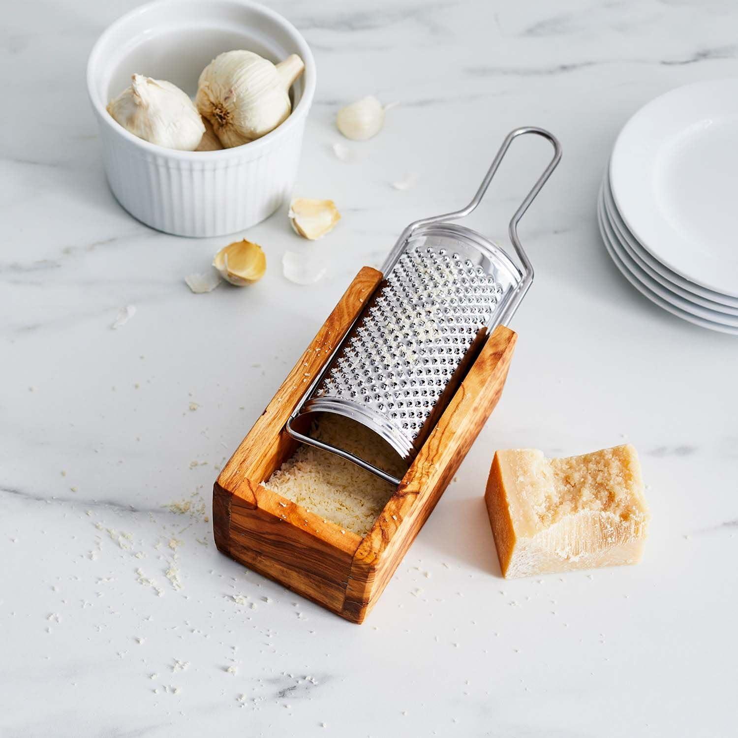 Sur La Table Italian Olivewood Cheese Grater – 9.4″ Kitchen-to-Table Tool with Sharp Metal Grate for Parmesan, Romano & Asiago, Handcrafted Box Minimizes Mess, Made in Italy - view 2