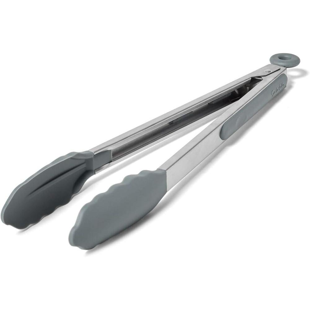 Sur La Table 12″ Silicone-Tipped Tongs – Stainless Steel Kitchen Tongs with Nonstick, Heat-Resistant Tips – Locking Handle for Compact Storage, Black(Gray) - view 2