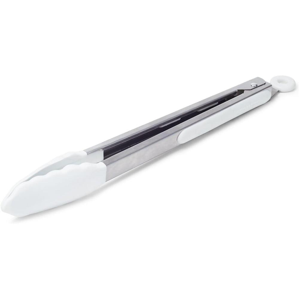 Sur La Table 12″ Silicone-Tipped Tongs – Stainless Steel Kitchen Tongs with Nonstick, Heat-Resistant Tips – Locking Handle for Compact Storage, Black(White)