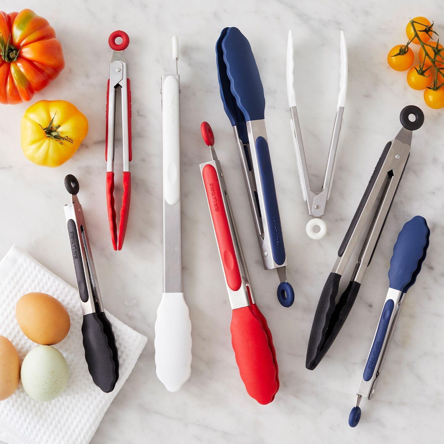 Sur La Table 12″ Silicone-Tipped Tongs – Stainless Steel Kitchen Tongs with Nonstick, Heat-Resistant Tips – Locking Handle for Compact Storage, Black(White) - view 2