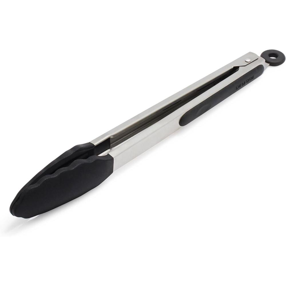 Sur La Table 12″ Silicone-Tipped Tongs – Stainless Steel Kitchen Tongs with Nonstick, Heat-Resistant Tips – Locking Handle for Compact Storage, Black(Black)