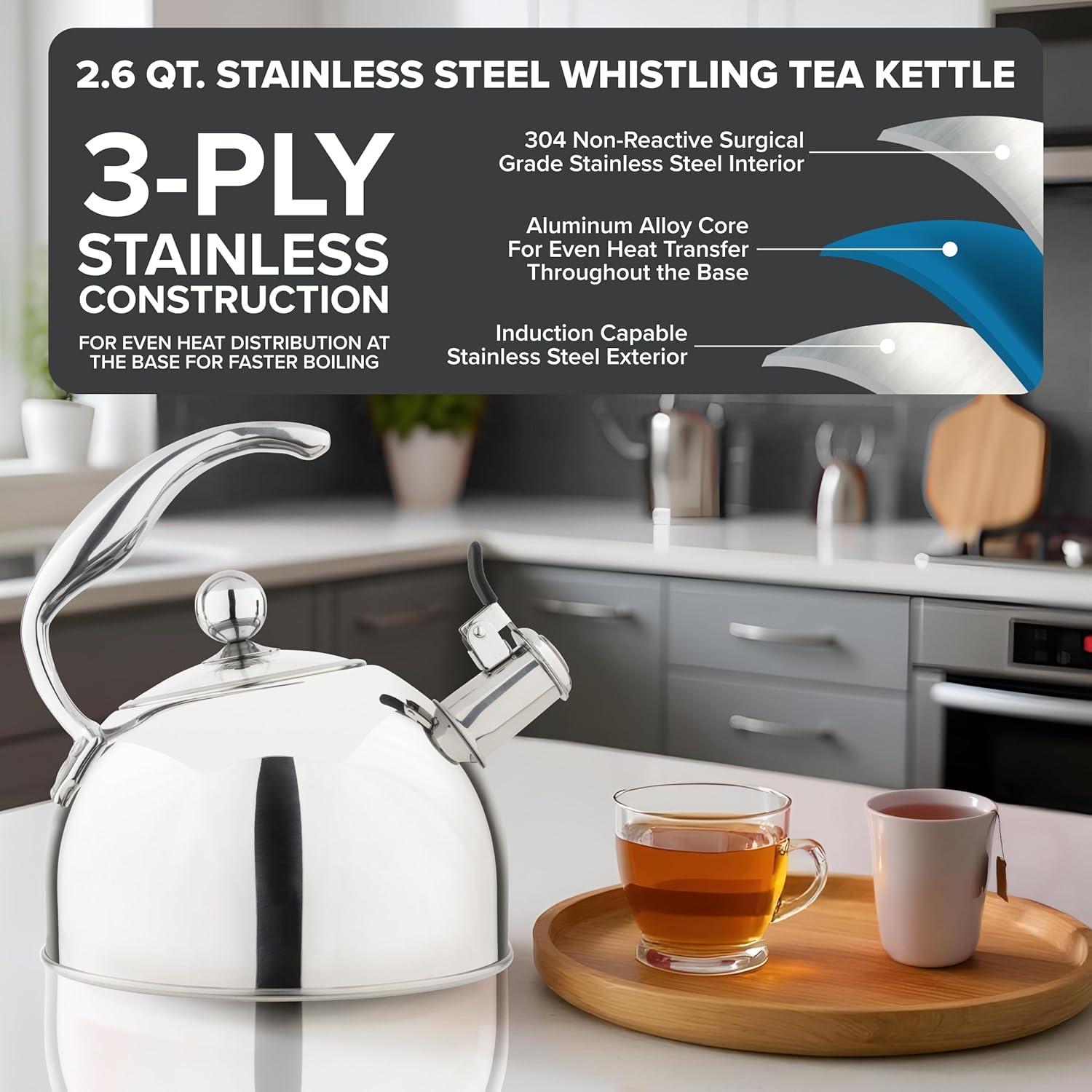 Viking 3-Ply Stainless Steel Tea Kettle, 2.6 Quart Stovetop Hot Water Pot with Tempered Glass Lid, Ergonomic Handle, Induction Ready, Slate and Blue(Mirror Finish) - view 2
