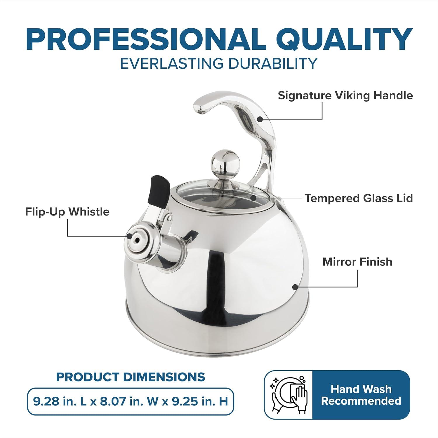 Viking 3-Ply Stainless Steel Tea Kettle, 2.6 Quart Stovetop Hot Water Pot with Tempered Glass Lid, Ergonomic Handle, Induction Ready, Slate and Blue(Mirror Finish) - view 5