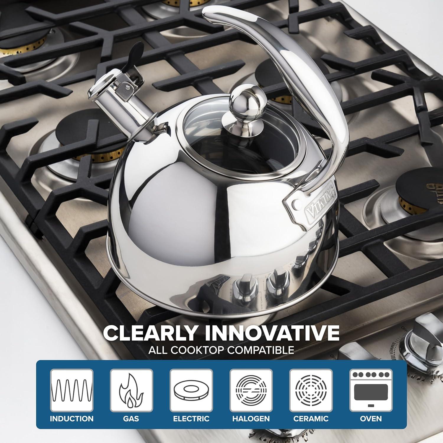 Viking 3-Ply Stainless Steel Tea Kettle, 2.6 Quart Stovetop Hot Water Pot with Tempered Glass Lid, Ergonomic Handle, Induction Ready, Slate and Blue(Mirror Finish) - view 6