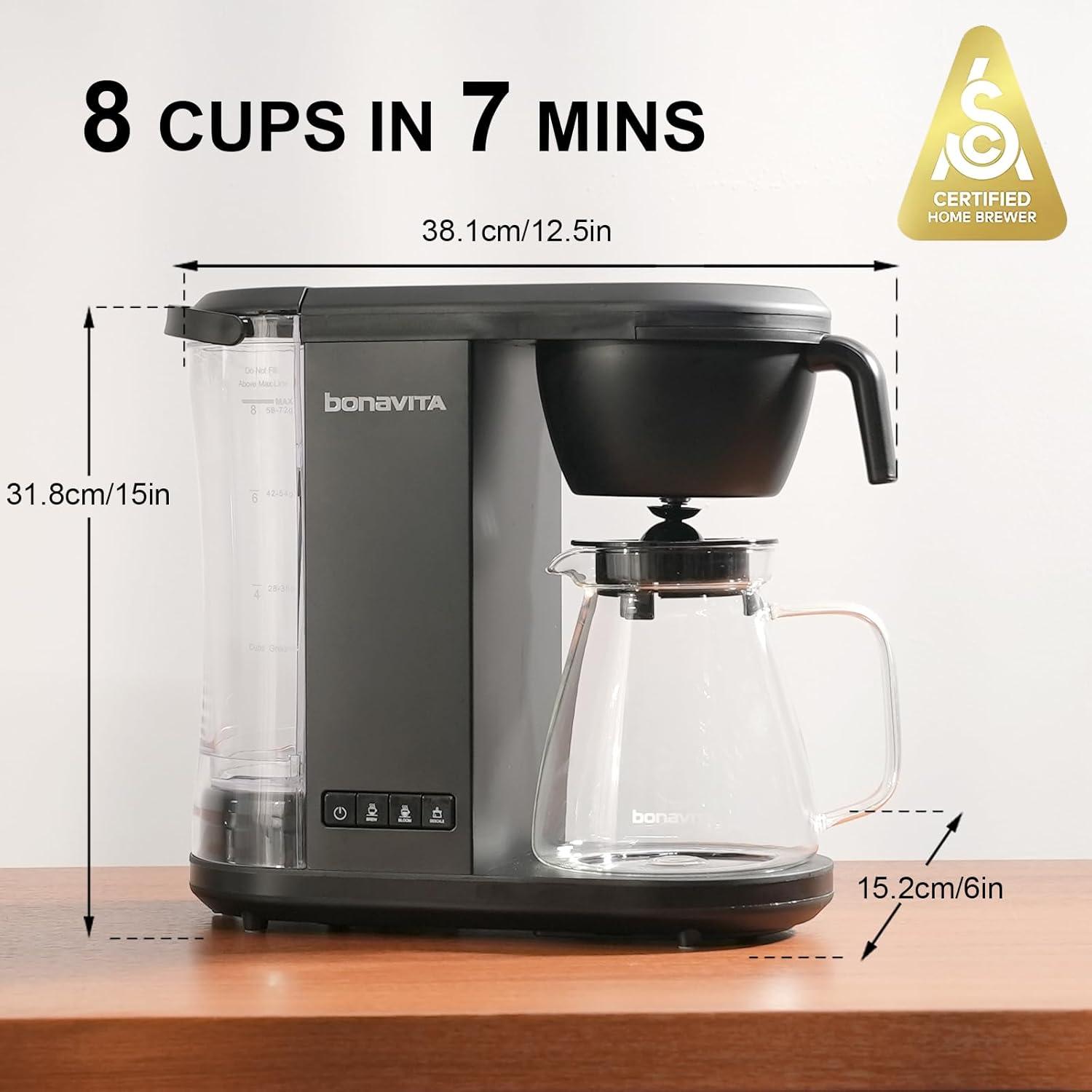 Bonavita Enthusiast 8 Cup Drip Coffee Brewer, Pour Over, SCA Certified Coffee Machine with Thermal Carafe, Stainless Steel Panel, Removable Reservoir(Matte Black) - view 2