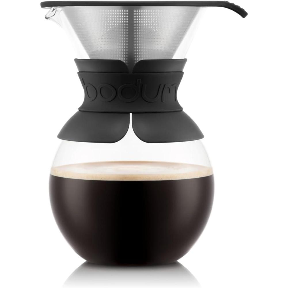 Bodum 34oz Pour Over Coffee Maker, High-Heat Borosilicate Glass with Reusable Stainless Steel Filter and Double Wall Cork Grip – Made in Portugal(Black Band)