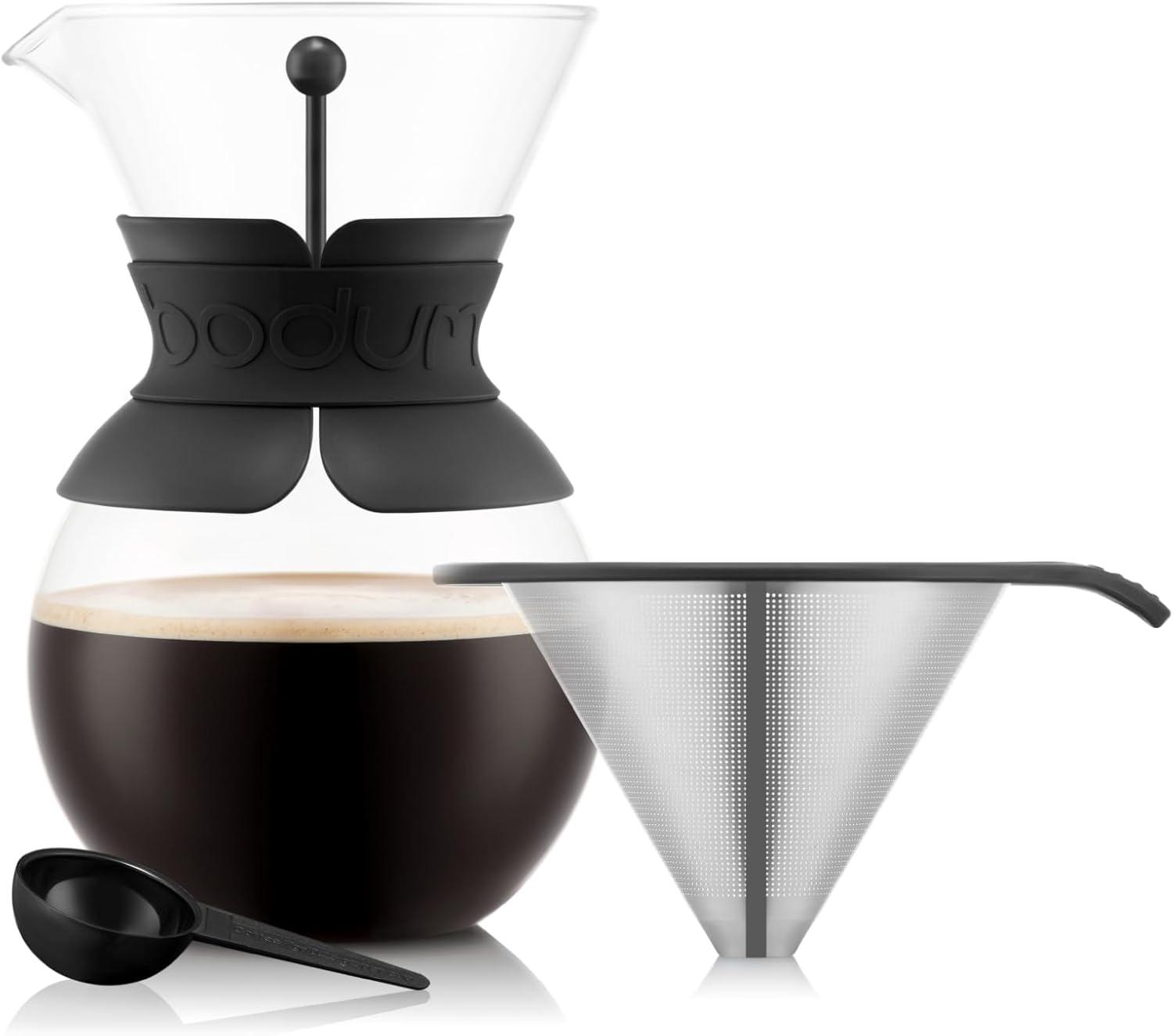 Bodum 34oz Pour Over Coffee Maker, High-Heat Borosilicate Glass with Reusable Stainless Steel Filter and Double Wall Cork Grip – Made in Portugal(Black Band) - view 4