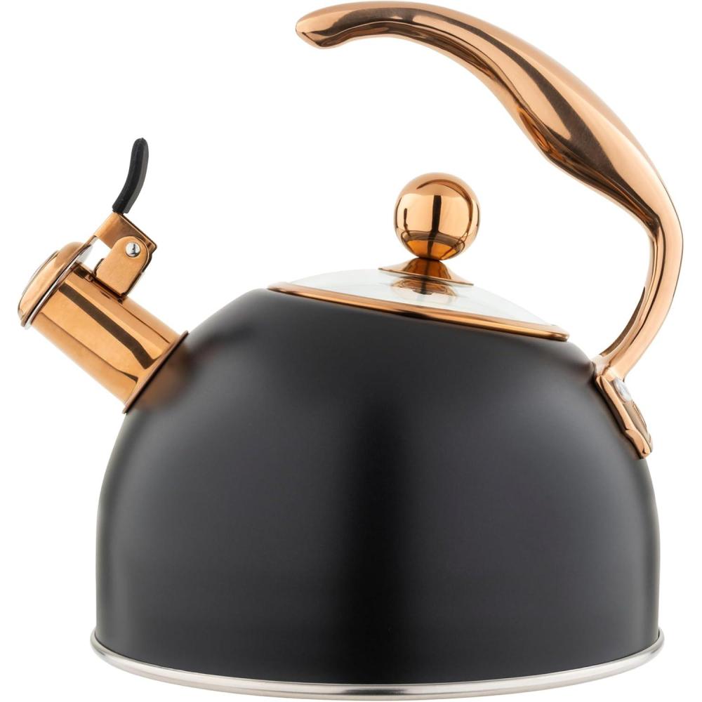 Viking 3-Ply Stainless Steel Tea Kettle, 2.6 Quart Stovetop Hot Water Pot with Tempered Glass Lid, Ergonomic Handle, Induction Ready, Slate and Blue(Matte Black and Copper)
