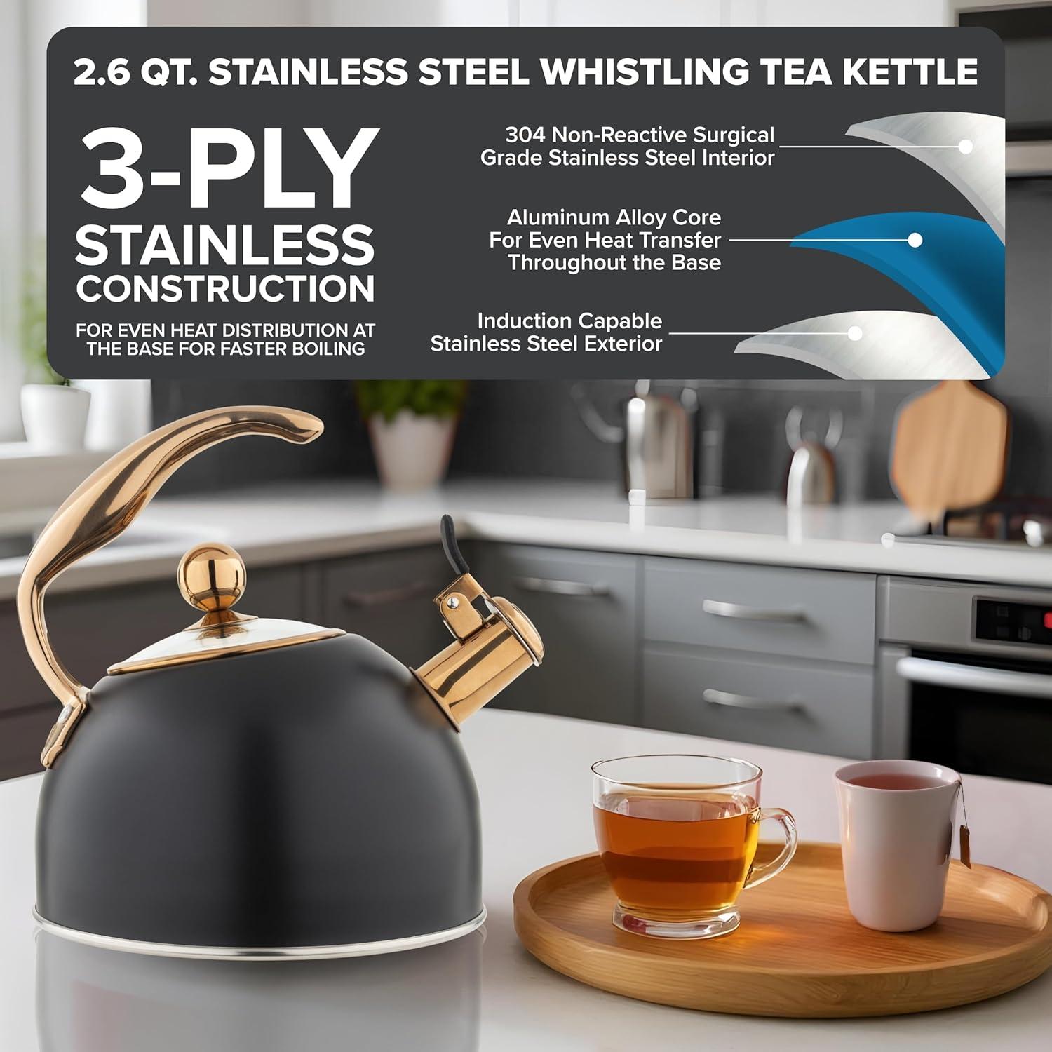 Viking 3-Ply Stainless Steel Tea Kettle, 2.6 Quart Stovetop Hot Water Pot with Tempered Glass Lid, Ergonomic Handle, Induction Ready, Slate and Blue(Matte Black and Copper) - view 2