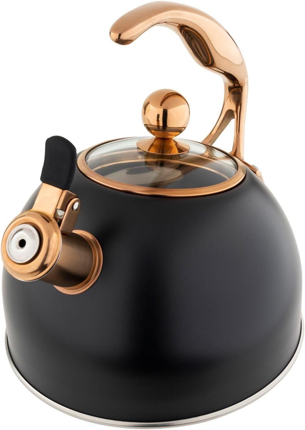 Viking 3-Ply Stainless Steel Tea Kettle, 2.6 Quart Stovetop Hot Water Pot with Tempered Glass Lid, Ergonomic Handle, Induction Ready, Slate and Blue(Matte Black and Copper) - view 4