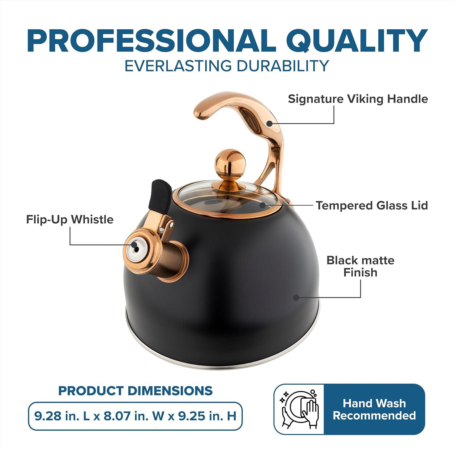 Viking 3-Ply Stainless Steel Tea Kettle, 2.6 Quart Stovetop Hot Water Pot with Tempered Glass Lid, Ergonomic Handle, Induction Ready, Slate and Blue(Matte Black and Copper) - view 5