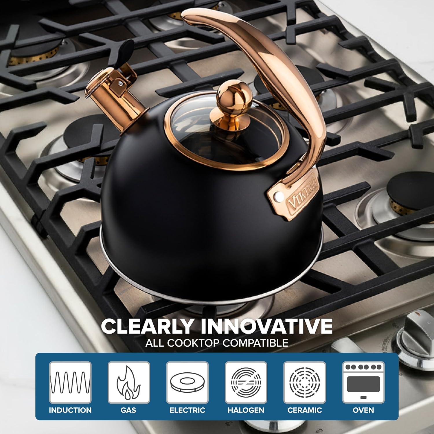 Viking 3-Ply Stainless Steel Tea Kettle, 2.6 Quart Stovetop Hot Water Pot with Tempered Glass Lid, Ergonomic Handle, Induction Ready, Slate and Blue(Matte Black and Copper) - view 6