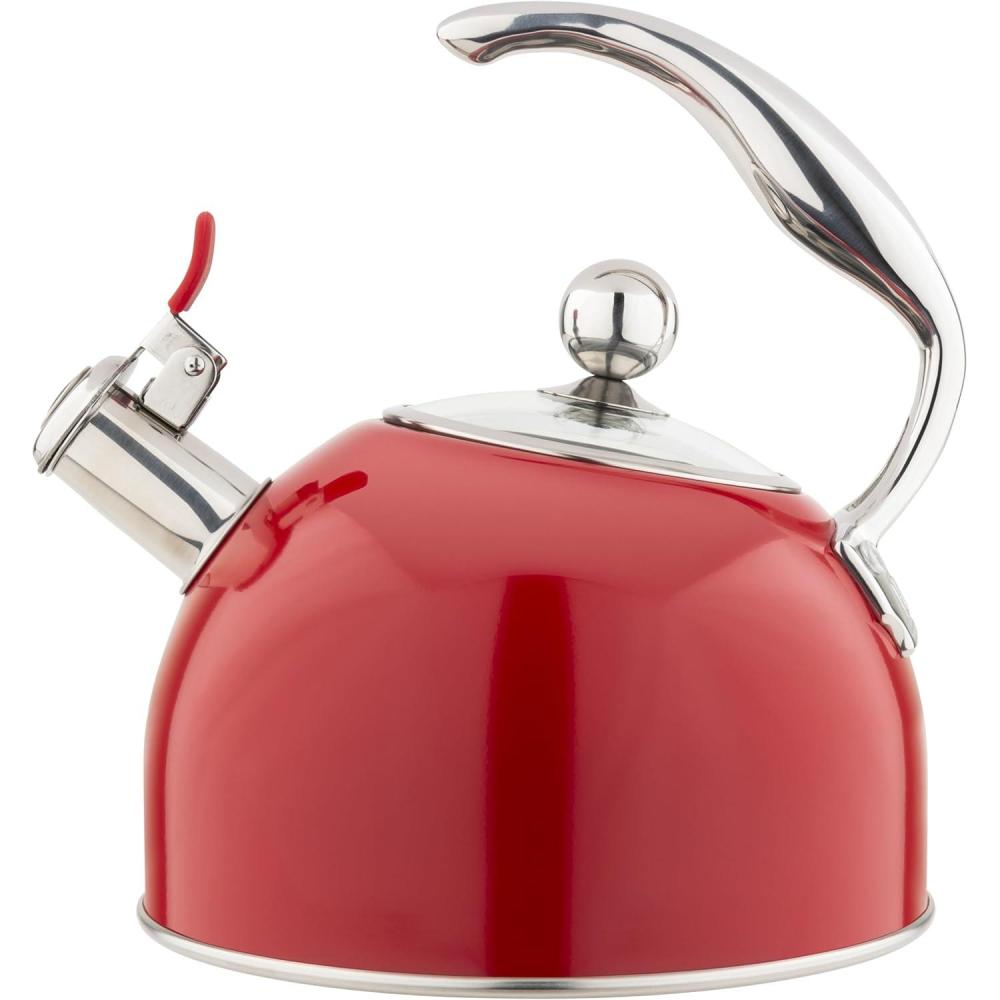 Viking 3-Ply Stainless Steel Tea Kettle, 2.6 Quart Stovetop Hot Water Pot with Tempered Glass Lid, Ergonomic Handle, Induction Ready, Slate and Blue(Red)
