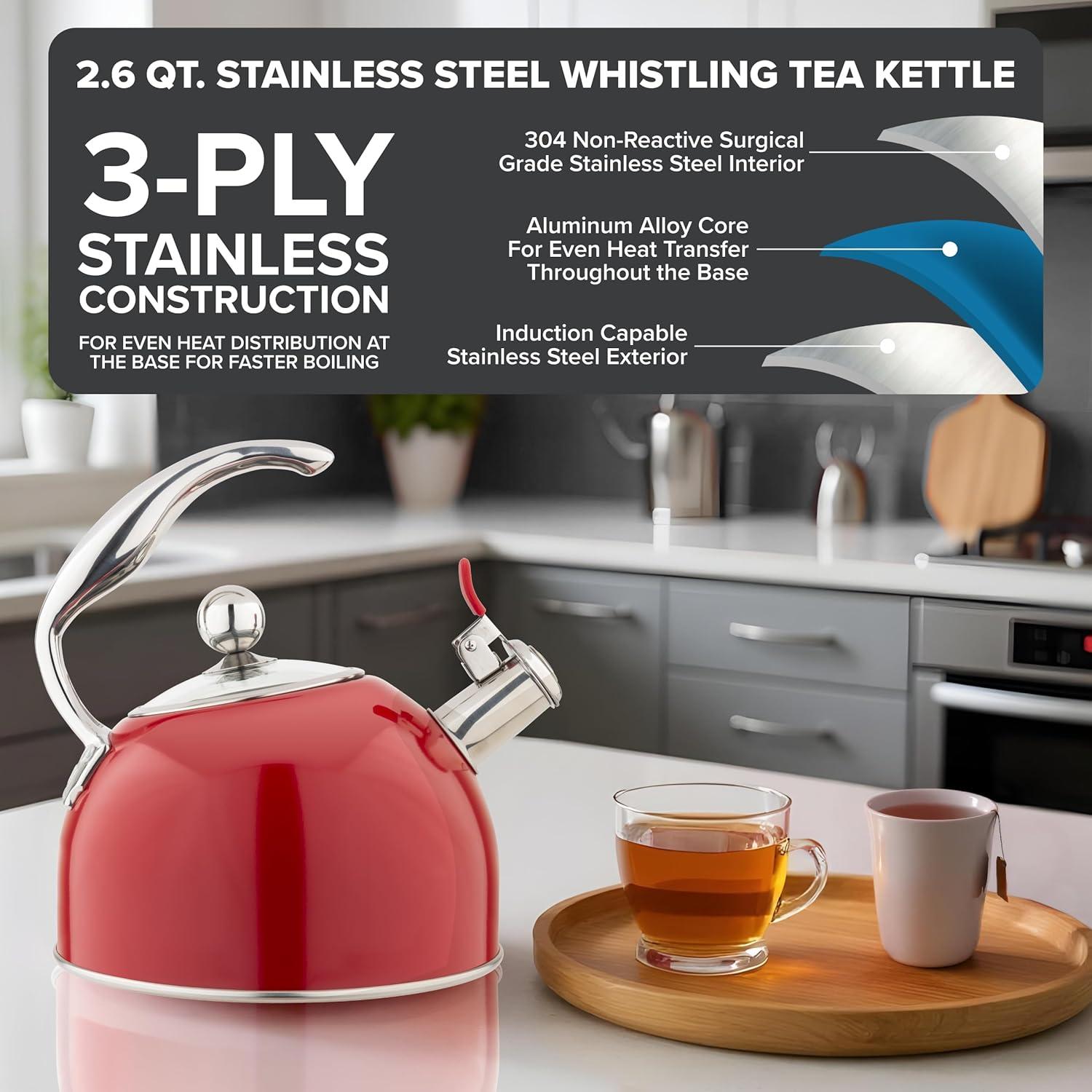 Viking 3-Ply Stainless Steel Tea Kettle, 2.6 Quart Stovetop Hot Water Pot with Tempered Glass Lid, Ergonomic Handle, Induction Ready, Slate and Blue(Red) - view 2