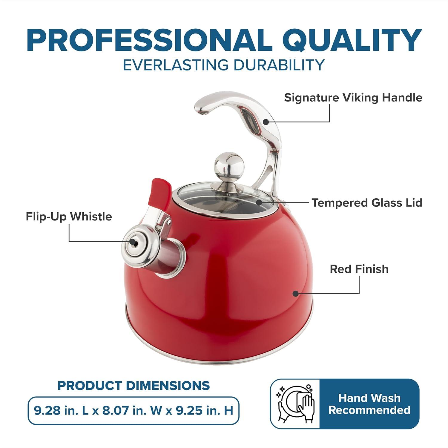 Viking 3-Ply Stainless Steel Tea Kettle, 2.6 Quart Stovetop Hot Water Pot with Tempered Glass Lid, Ergonomic Handle, Induction Ready, Slate and Blue(Red) - view 4
