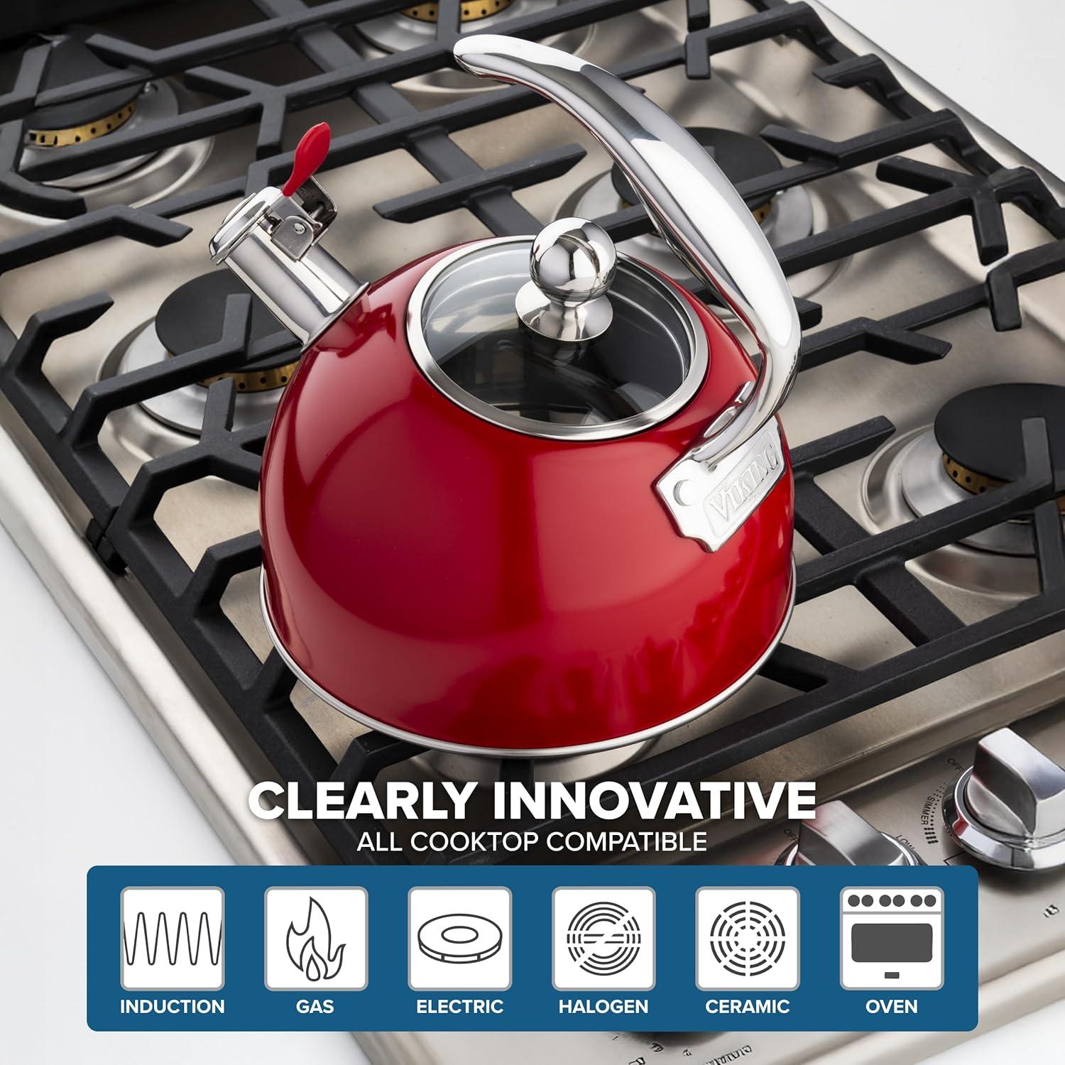 Viking 3-Ply Stainless Steel Tea Kettle, 2.6 Quart Stovetop Hot Water Pot with Tempered Glass Lid, Ergonomic Handle, Induction Ready, Slate and Blue(Red) - view 5