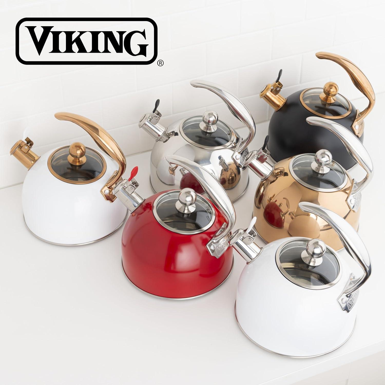 Viking 3-Ply Stainless Steel Tea Kettle, 2.6 Quart Stovetop Hot Water Pot with Tempered Glass Lid, Ergonomic Handle, Induction Ready, Slate and Blue(Red) - view 6