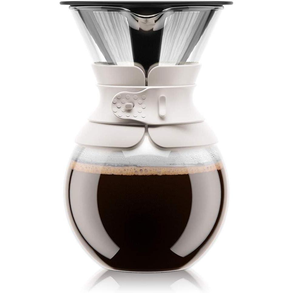 Bodum 34oz Pour Over Coffee Maker, High-Heat Borosilicate Glass with Reusable Stainless Steel Filter and Double Wall Cork Grip – Made in Portugal(White)