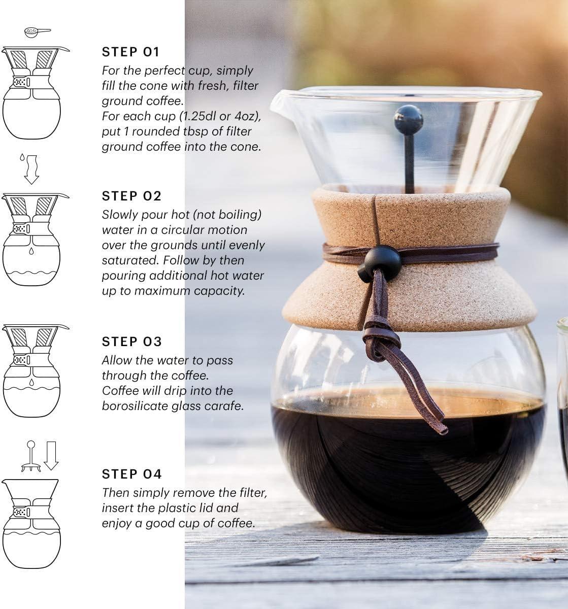 Bodum 34oz Pour Over Coffee Maker, High-Heat Borosilicate Glass with Reusable Stainless Steel Filter and Double Wall Cork Grip – Made in Portugal(White) - view 3
