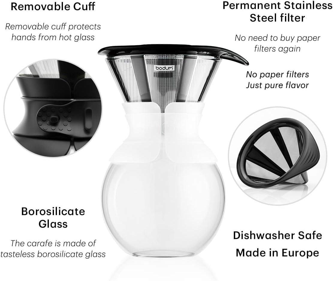Bodum 34oz Pour Over Coffee Maker, High-Heat Borosilicate Glass with Reusable Stainless Steel Filter and Double Wall Cork Grip – Made in Portugal(White) - view 4