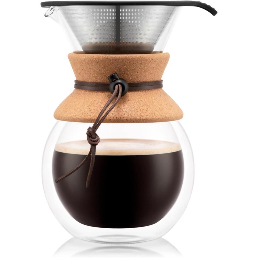 Bodum 34oz Pour Over Coffee Maker, High-Heat Borosilicate Glass with Reusable Stainless Steel Filter and Double Wall Cork Grip – Made in Portugal(Double Wall Cork)