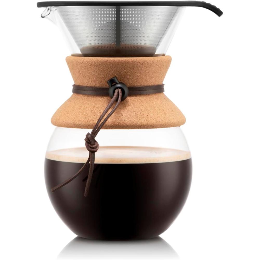 Bodum 34oz Pour Over Coffee Maker, High-Heat Borosilicate Glass with Reusable Stainless Steel Filter and Double Wall Cork Grip – Made in Portugal(Discontinued Cork)