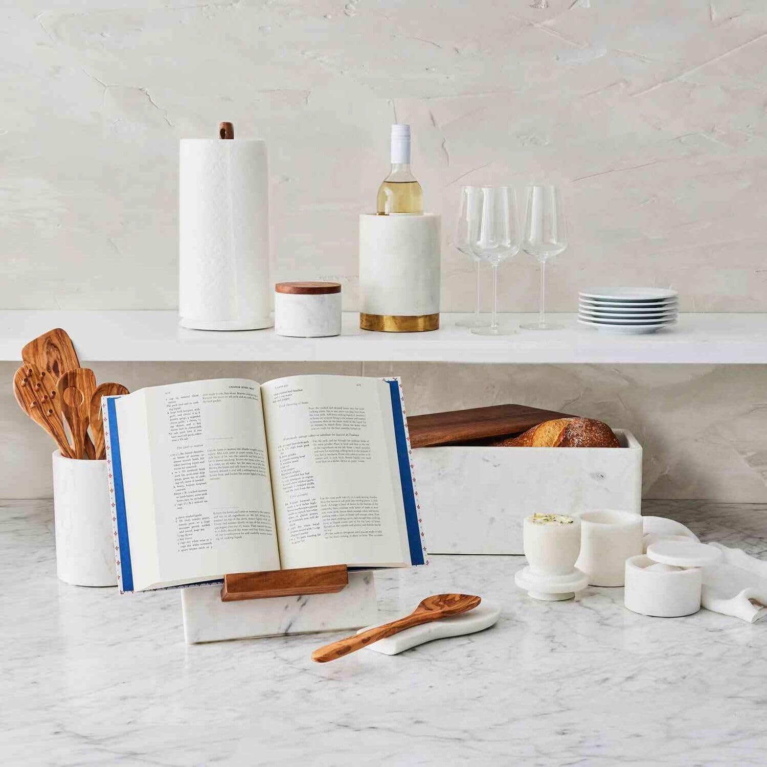 Sur La Table Marble & Acacia Paper Towel Holder, White - view 2