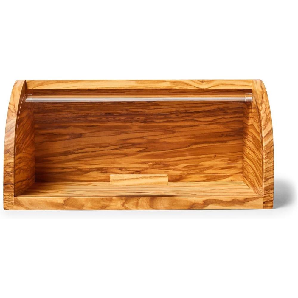 Sur La Table Olivewood Bread Box – 14.2″ Countertop Bread Storage with Clear Lid & Handle, Crafted from Natural Hardwood with Unique Grain, Keeps Baked Goods Fresher Longer