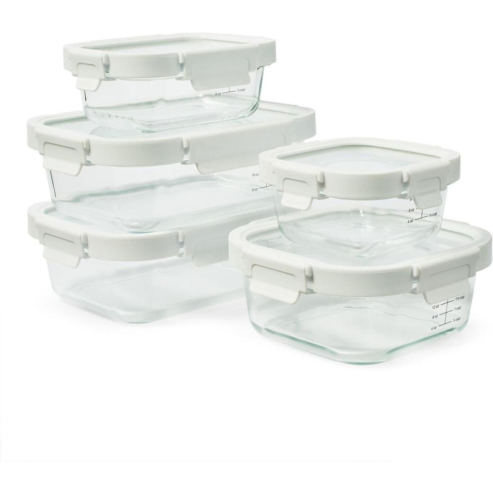Sur La Table 10-Piece Food Storage Container Set – Leakproof Containers with Snap-Lock Lids & Silicone Gaskets, Dry-Erase Marker, Heat to 400°F for Meal Prep & Leftovers