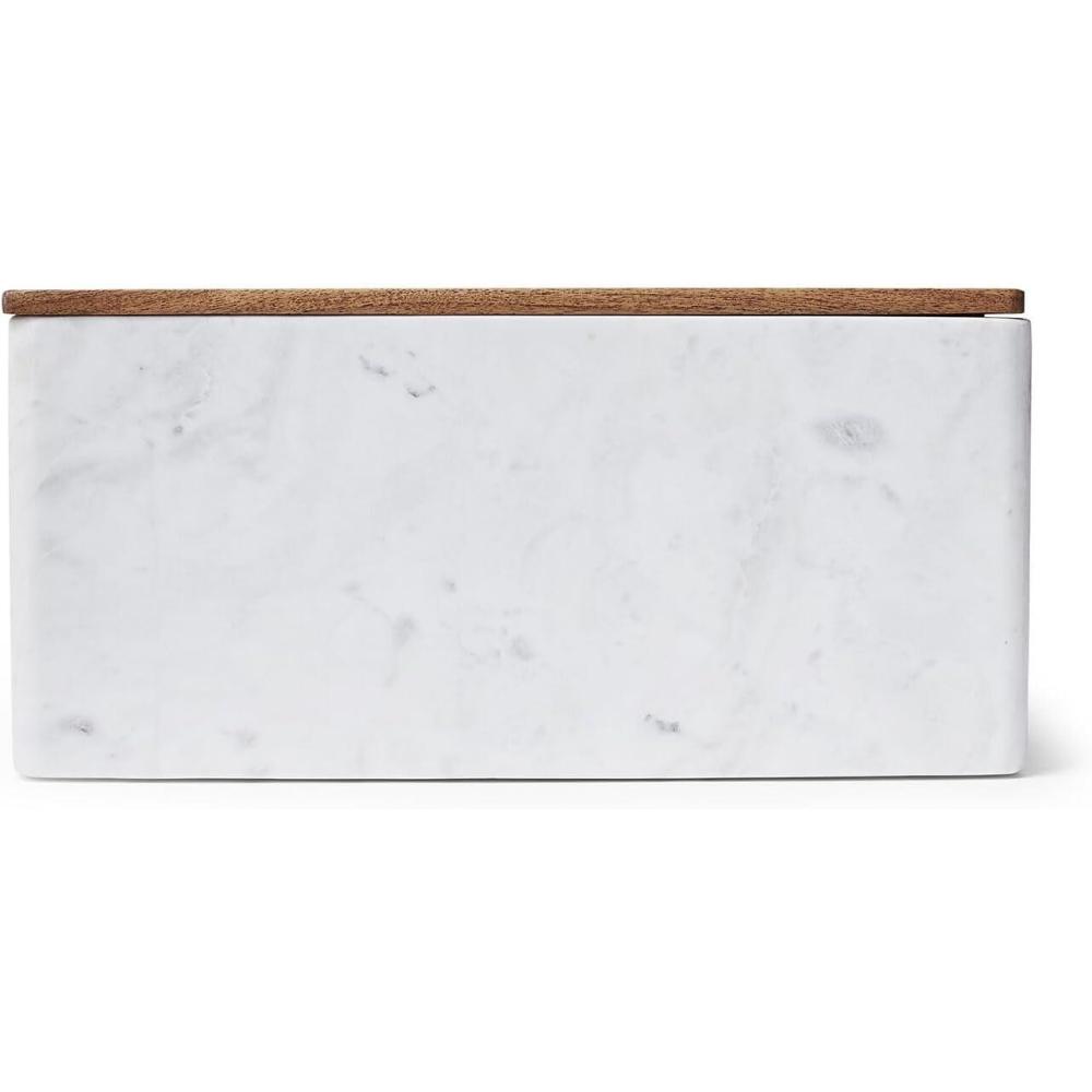 Sur La Table Marble & Acacia Wood Bread Box – Holds 4–5 Loaves, Keeps Bread Fresh in Style