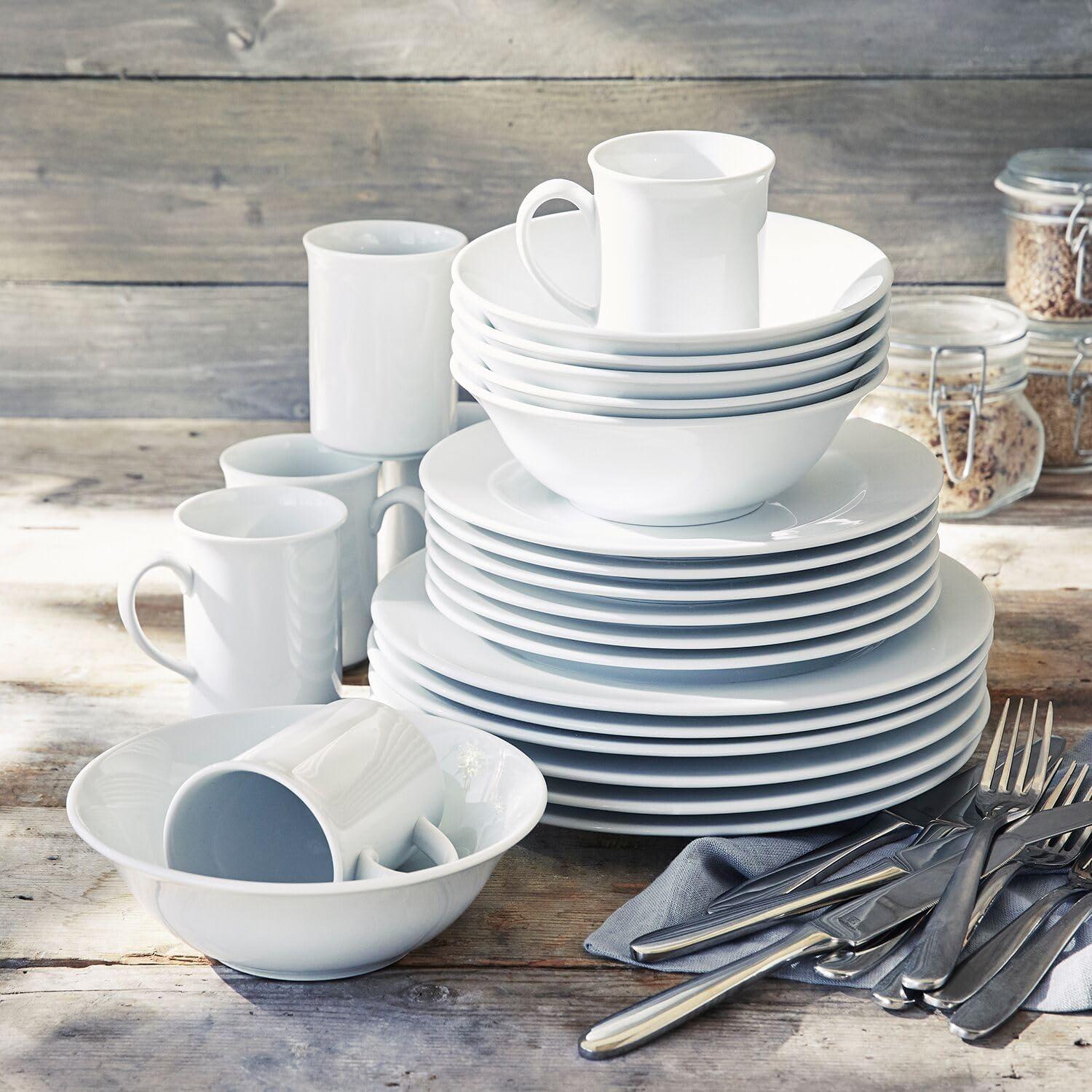 Sur La Table Bistro 24 Piece Porcelain Dinnerware Set includes Dinner Plates, Salad Plates, Cereal Bowls and Mugs, Service for 6, White – Microwave and Dishwasher - view 5