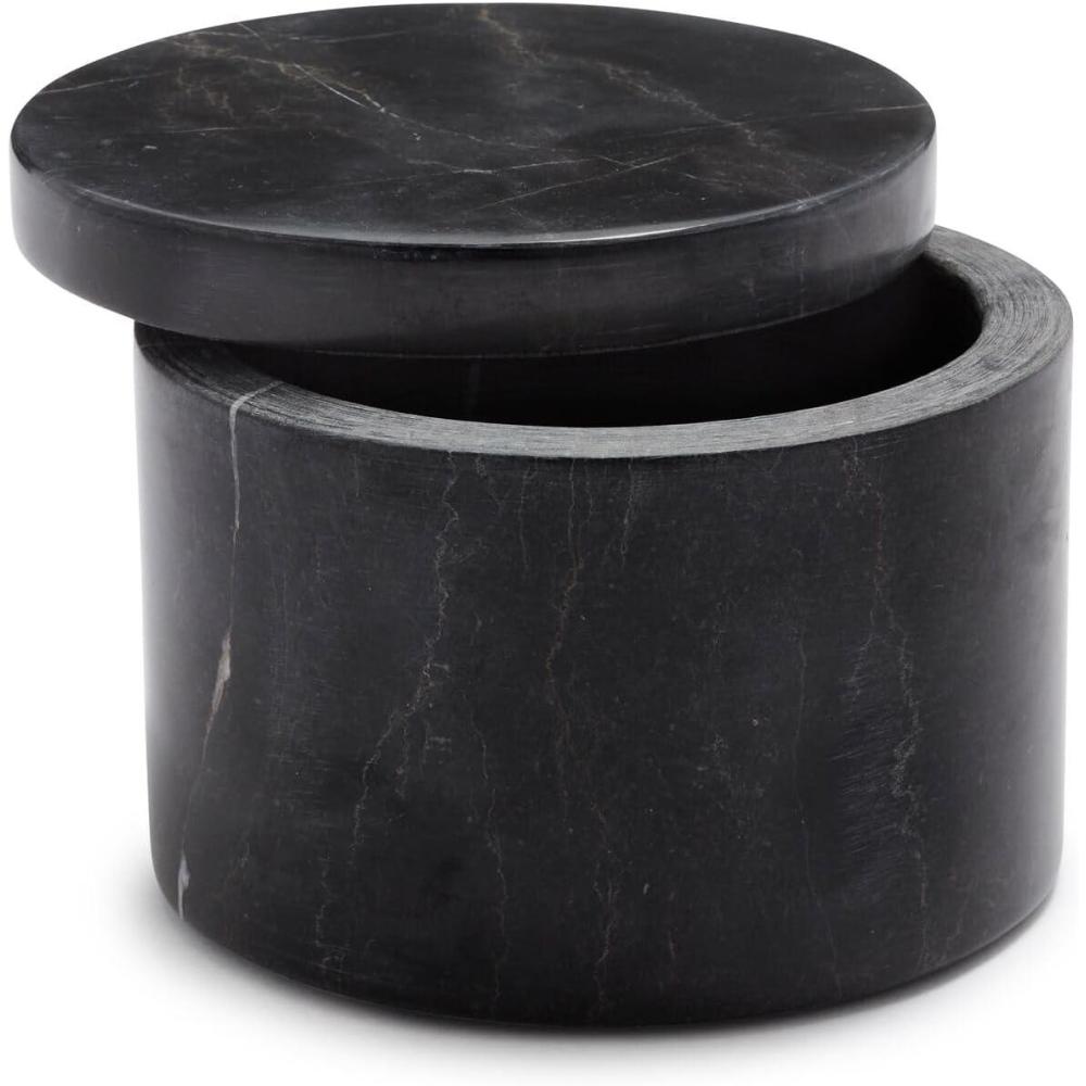 Sur La Table Marquina Marble Salt Keeper – 4″ Round Salt Cellar with Lid – Black Marble Spice Container for Kitchen or Tabletop Use