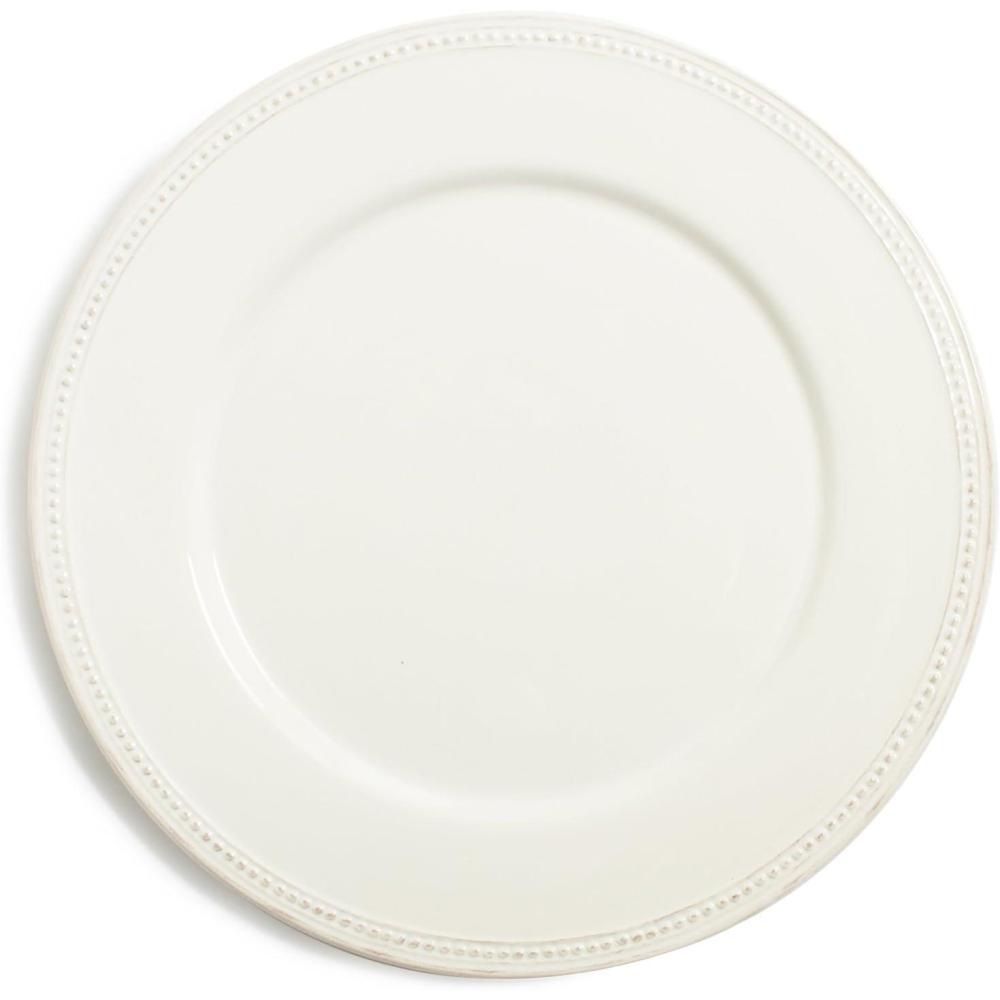 Sur La Table 11″ Pearl Stoneware Dinner Plate with Raised Dot Border & Distressed Edges, Vintage-Inspired Design, Chip-Resistant, Dishwasher & Microwave(White)