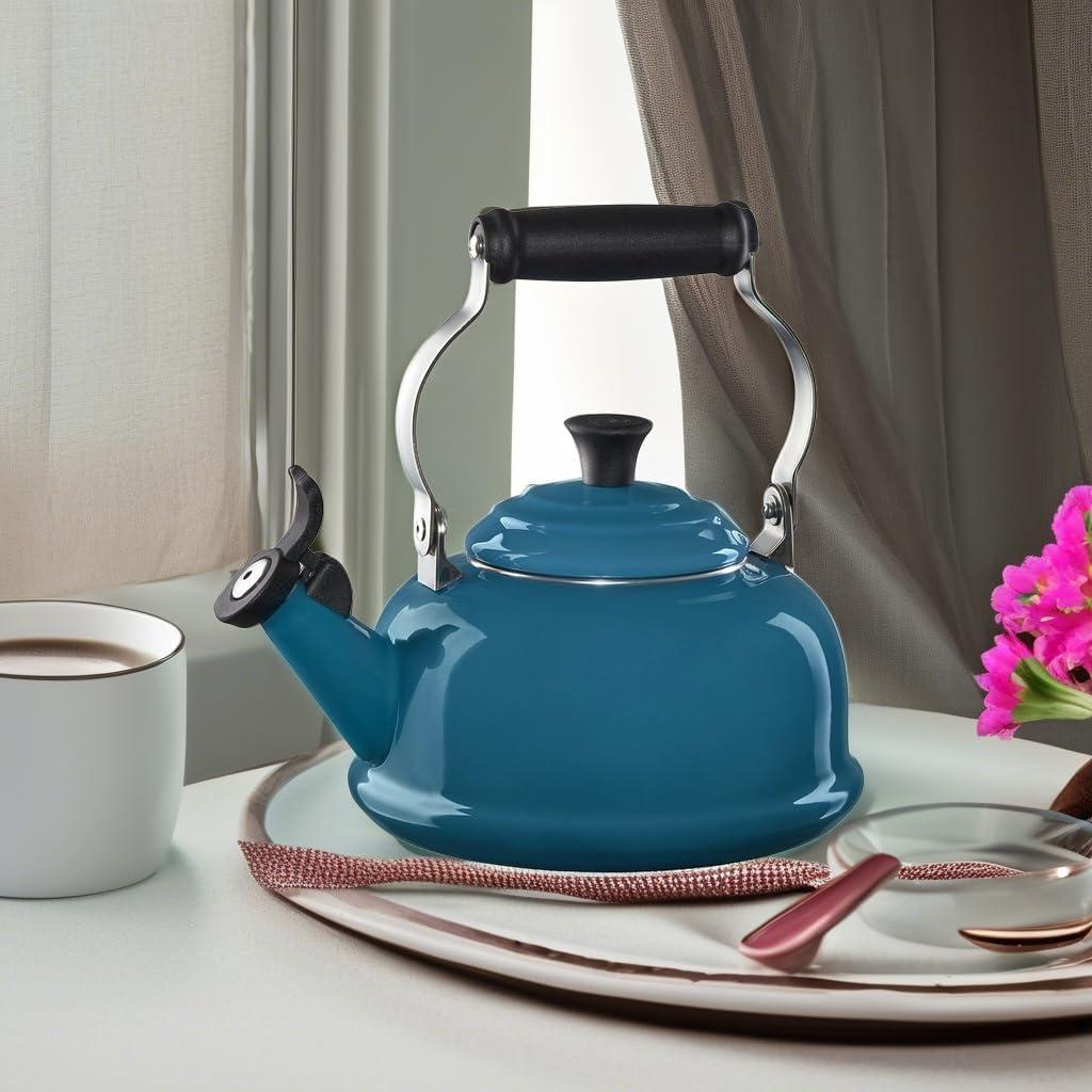 Le Creuset Enamel On Steel Whistling Tea Kettle, 1.7 qt., Cerise(Deep Teal) - view 5