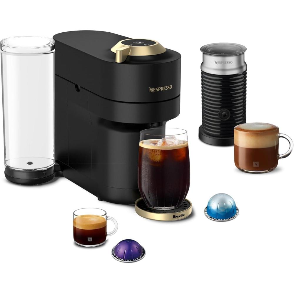 Nespresso Festive Vertuo Pop+ Deluxe Coffee and Espresso Maker by Breville with Milk Frother, Matte Black Gold(Matte Black Gold)