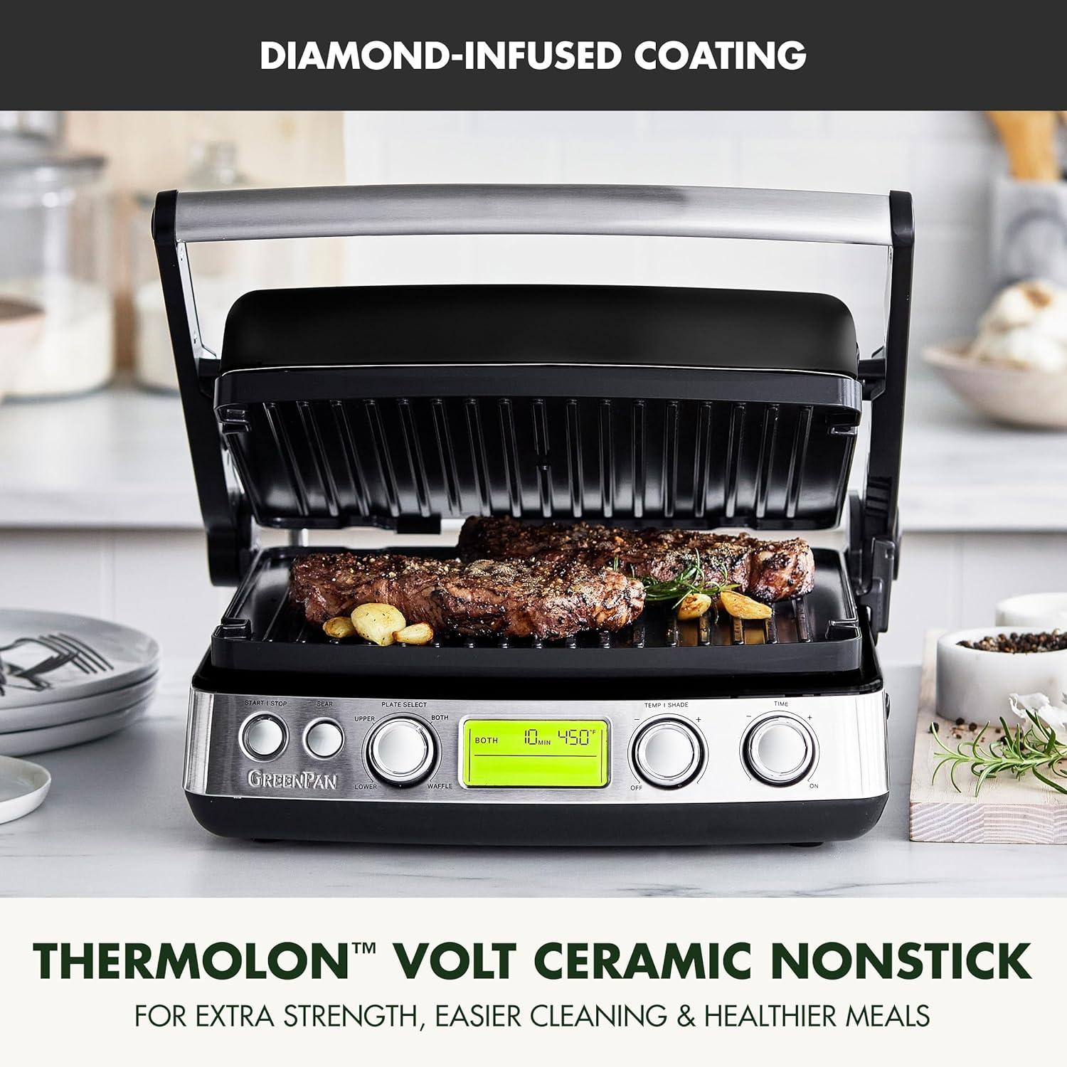 GreenPan Elite 7-in-1 Multi-Function Contact Grill & Griddle, Healthy Ceramic Nonstick, Grill & Waffle Plates, Adjustable Shade & Shear, Closed Press/Open Flat Surface, PFAS-Free, Cream White(Black) - view 2