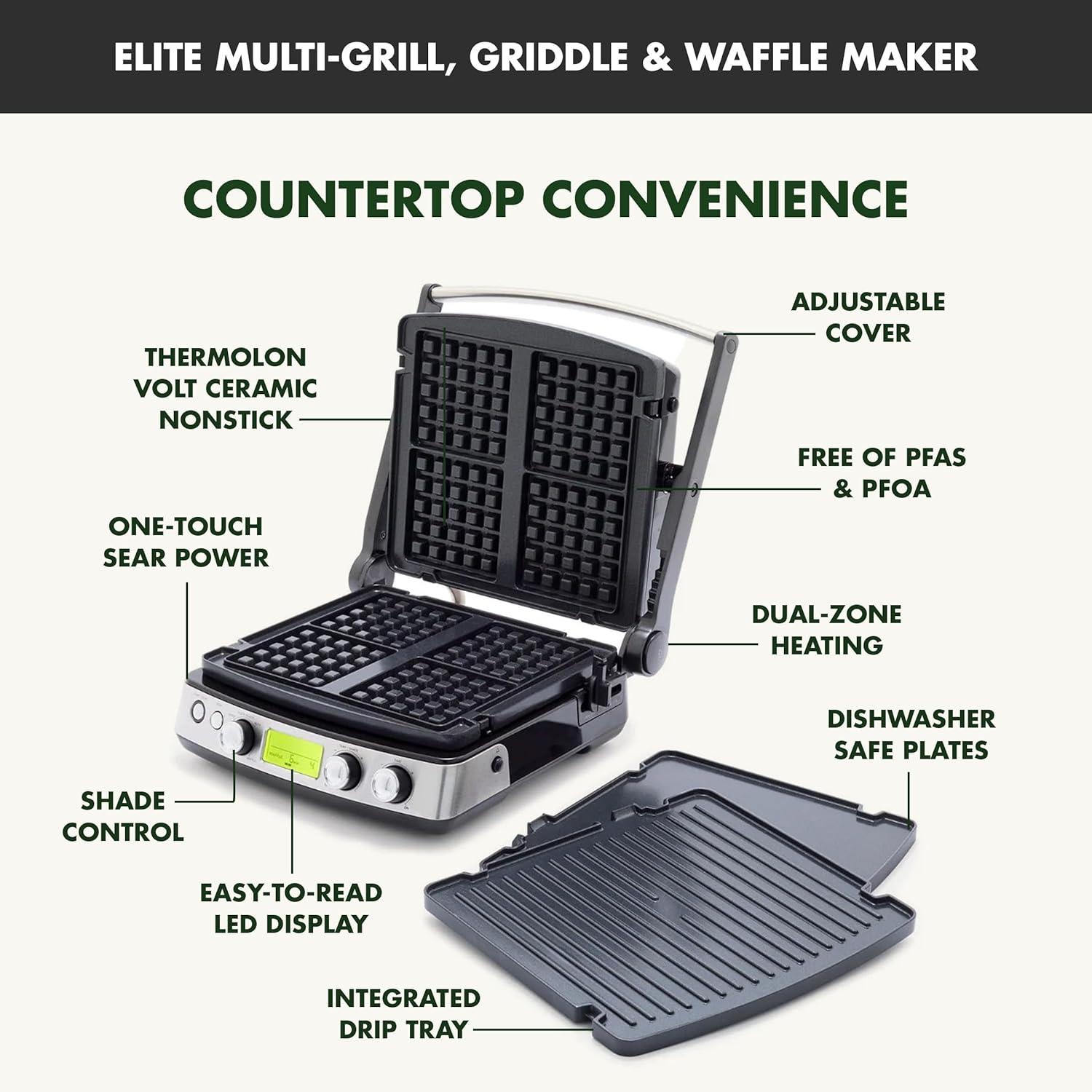GreenPan Elite 7-in-1 Multi-Function Contact Grill & Griddle, Healthy Ceramic Nonstick, Grill & Waffle Plates, Adjustable Shade & Shear, Closed Press/Open Flat Surface, PFAS-Free, Cream White(Black) - view 3