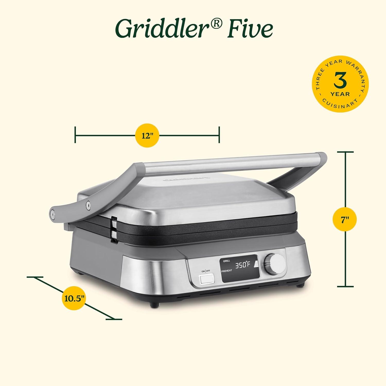 Cuisinart Electric Griddler FIVE Countertop Grill, Enjoy 5-in-1 Functions Including Panini Press, LCD Display, Wide Temperature Range, and Sear Function, Nonstick Plates, GR-5NAS, Stainless Steel(Digital) - view 6