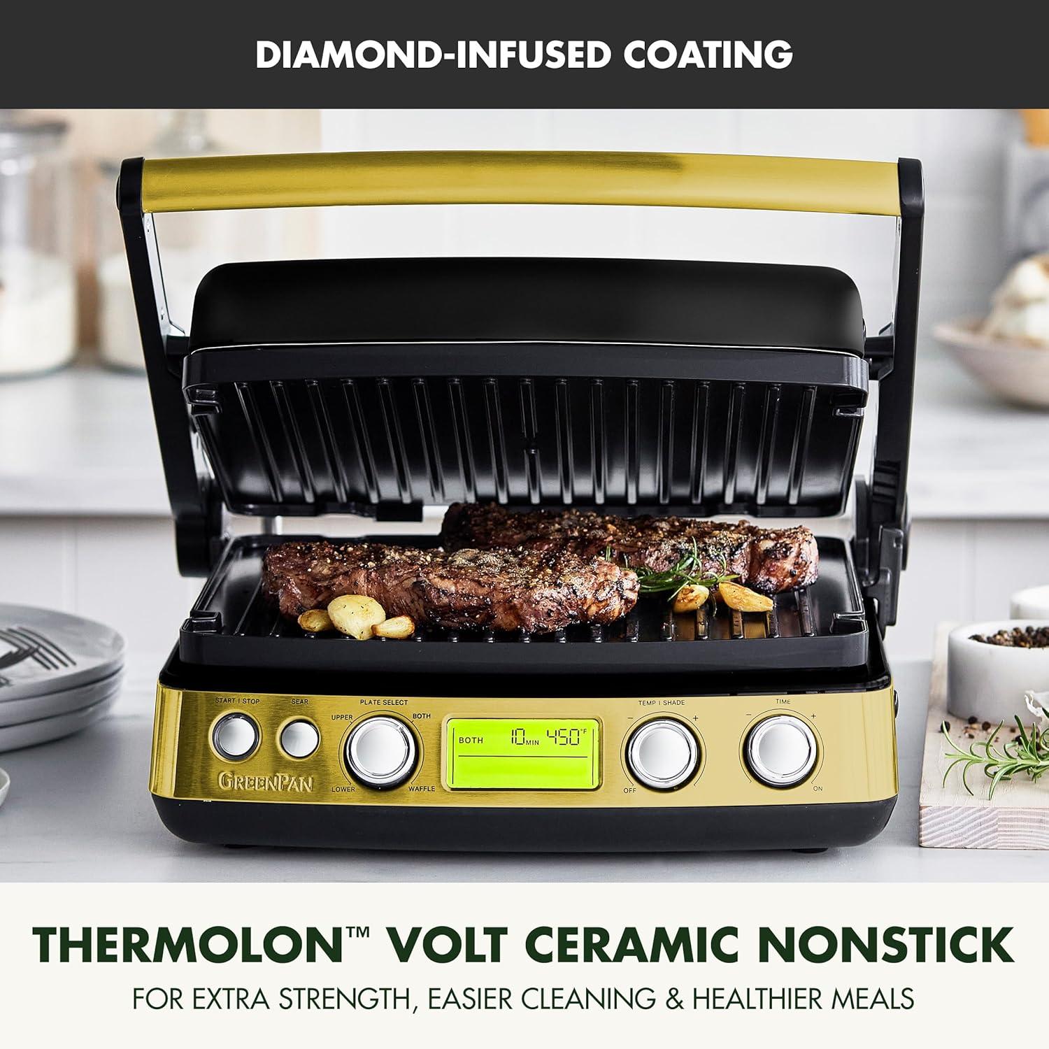GreenPan Elite 7-in-1 Multi-Function Contact Grill & Griddle, Healthy Ceramic Nonstick, Grill & Waffle Plates, Adjustable Shade & Shear, Closed Press/Open Flat Surface, PFAS-Free, Cream White(Gold) - view 2