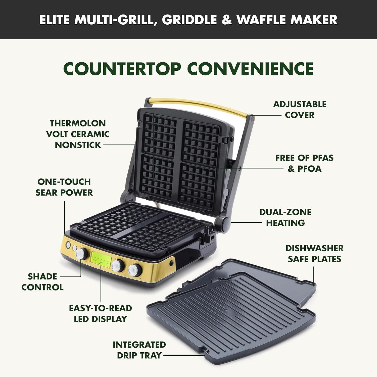 GreenPan Elite 7-in-1 Multi-Function Contact Grill & Griddle, Healthy Ceramic Nonstick, Grill & Waffle Plates, Adjustable Shade & Shear, Closed Press/Open Flat Surface, PFAS-Free, Cream White(Gold) - view 5
