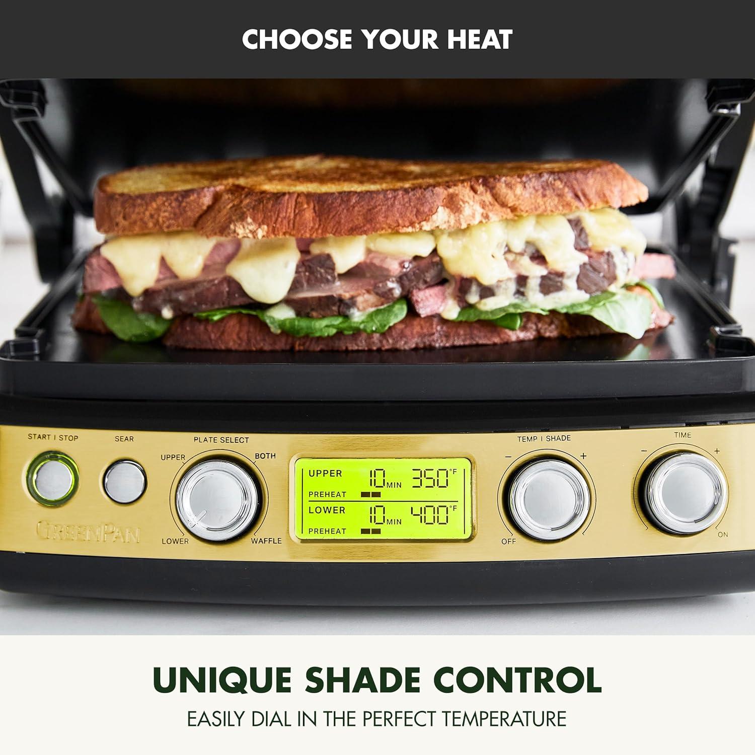GreenPan Elite 7-in-1 Multi-Function Contact Grill & Griddle, Healthy Ceramic Nonstick, Grill & Waffle Plates, Adjustable Shade & Shear, Closed Press/Open Flat Surface, PFAS-Free, Cream White(Gold) - view 8