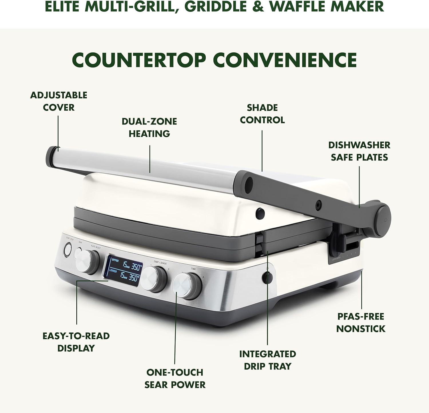 GreenPan Elite 7-in-1 Multi-Function Contact Grill & Griddle, Healthy Ceramic Nonstick, Grill & Waffle Plates, Adjustable Shade & Shear, Closed Press/Open Flat Surface, PFAS-Free, Cream White(Cream White) - view 4