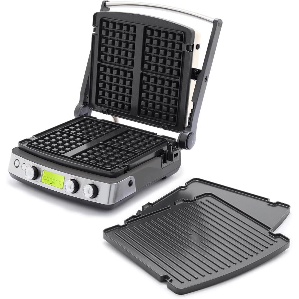 GreenPan Elite 7-in-1 Multi-Function Contact Grill & Griddle, Healthy Ceramic Nonstick, Grill & Waffle Plates, Adjustable Shade & Shear, Closed Press/Open Flat Surface, PFAS-Free, Cream White(Graphite)