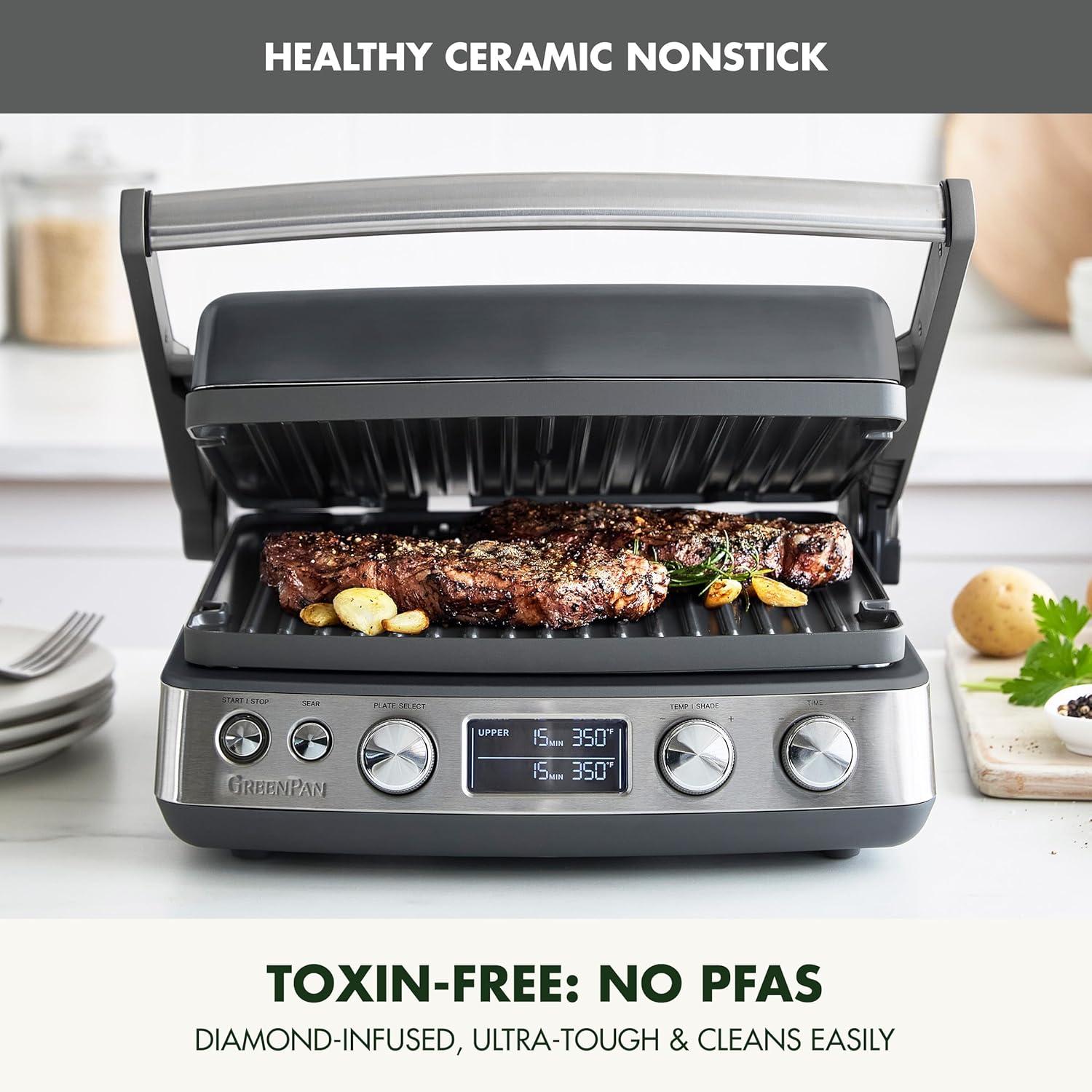 GreenPan Elite 7-in-1 Multi-Function Contact Grill & Griddle, Healthy Ceramic Nonstick, Grill & Waffle Plates, Adjustable Shade & Shear, Closed Press/Open Flat Surface, PFAS-Free, Cream White(Graphite) - view 2
