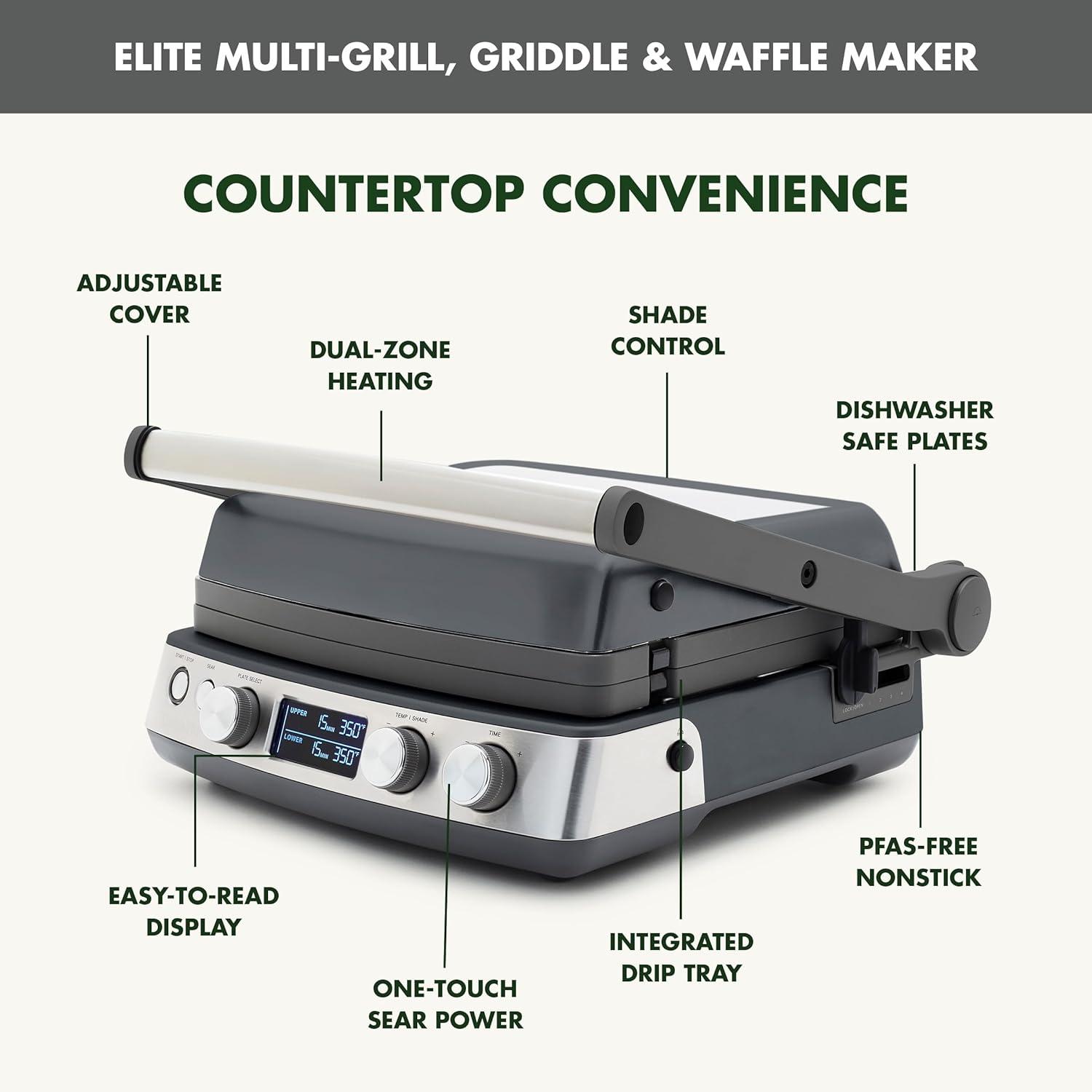 GreenPan Elite 7-in-1 Multi-Function Contact Grill & Griddle, Healthy Ceramic Nonstick, Grill & Waffle Plates, Adjustable Shade & Shear, Closed Press/Open Flat Surface, PFAS-Free, Cream White(Graphite) - view 4