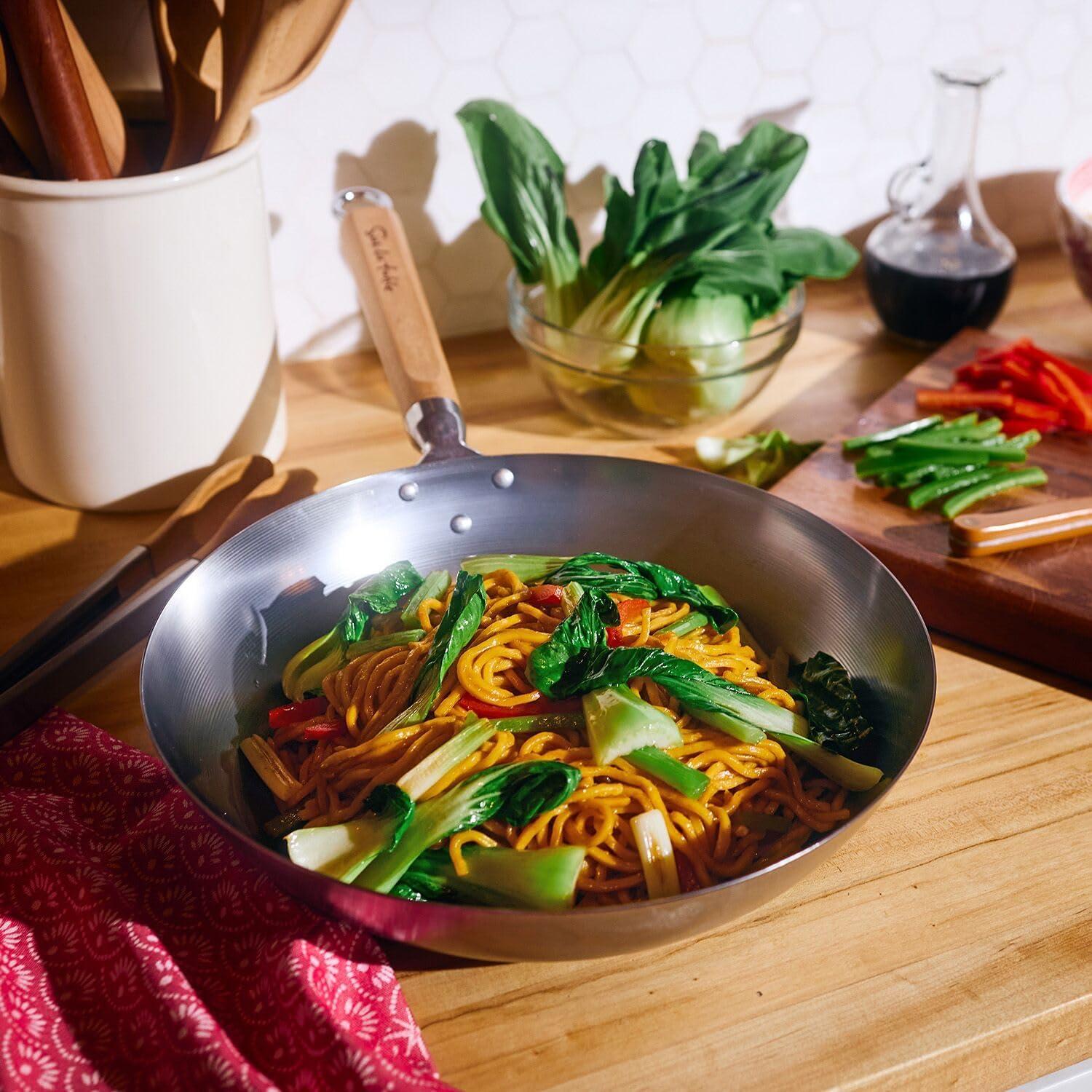 Sur La Table 14″ Carbon-Steel Wok, Flat Bottom Pan for High-Heat Cooking – Ideal for Deep-Frying, Steaming, and Stir-Frying– Lightweight, Fast Heating(Gray) - view 3