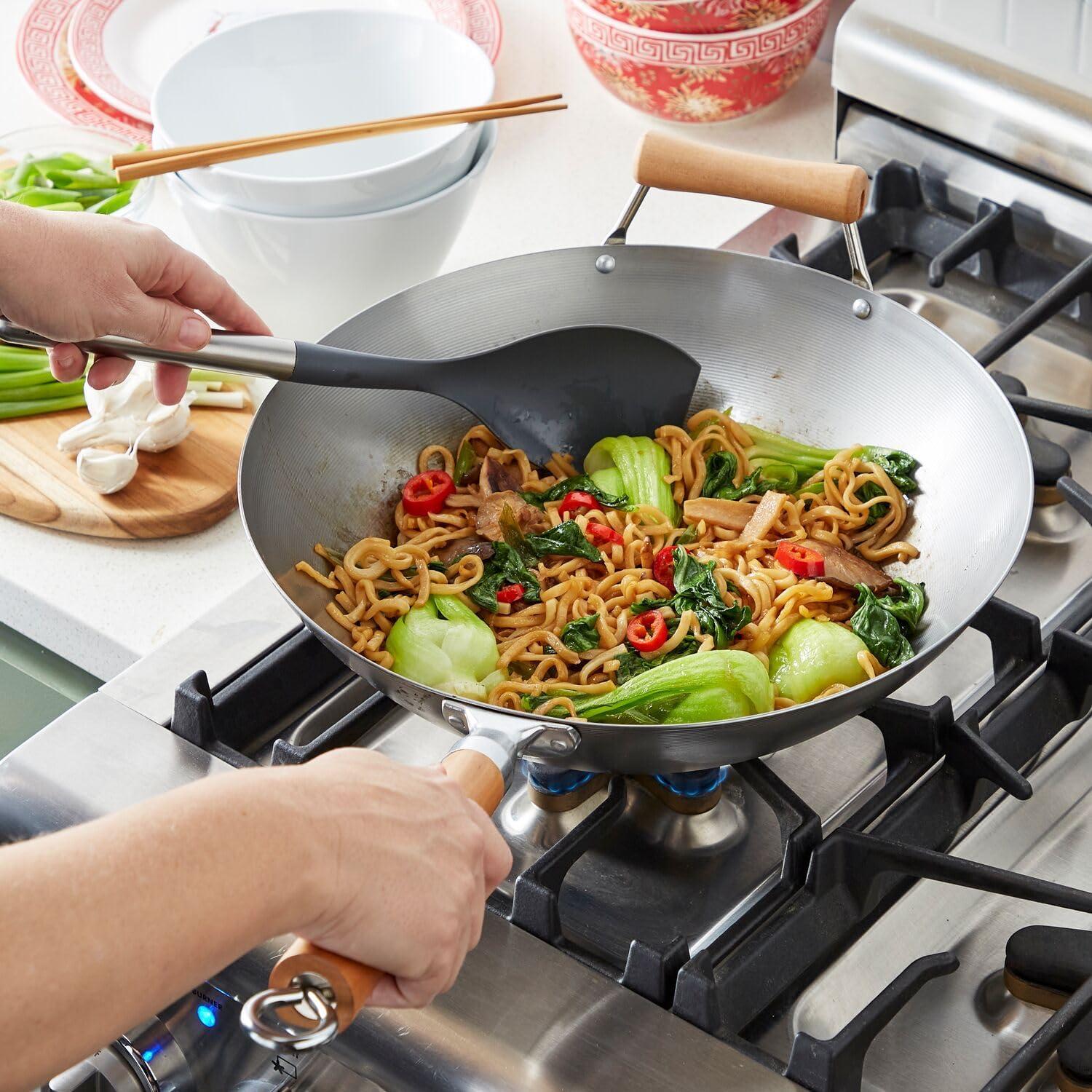 Sur La Table 14″ Carbon-Steel Wok, Flat Bottom Pan for High-Heat Cooking – Ideal for Deep-Frying, Steaming, and Stir-Frying– Lightweight, Fast Heating(Silver) - view 2
